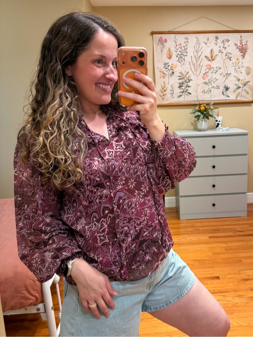Tuckernuck Avara Paisley Peasant Blouse - Burgundy Purple Small Metallic